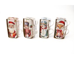 Kerst Mokken Porselein – 265 ML – Set van 2– Vier verschillende Prints – Feestelijke Cadeauverpakking