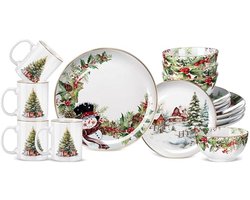 Kerst Servies Set - Diner Collectie - Feestelijke Maaltijden - Keramisch Materiaal - 16 Delig - Multicolor