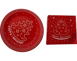 kerst servies set met tekst ''Happy holidays'' - Rood / Wit - Karton - Borden en Servetten - Wegwerp - Verjaardag - Feest - Kerstmis - Feestje - Party
