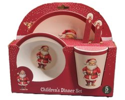 Kerst servies setje - 5-delig - met kerstman - voor kinderen - ontbijtset - kerstdiner - bordje, beker, kom, mes, vork