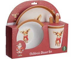 Kerst servies setje - 5-delig - met rendier - voor kinderen - ontbijtset - kerstdiner - bordje, beker, kom, mes, vork