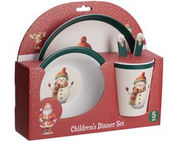 Kerst servies setje - 5-delig - met sneeuwpop - voor kinderen - ontbijtset - kerstdiner - bordje, beker, kom, mes, vork