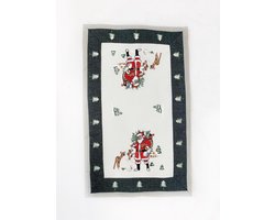 Kerst-tafelkleed Linnenlook Wit - grijze rand met Kerstman en Hert - Loper 45 cm