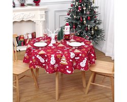 Kerst Tafelkleed Rond 152 Cm - Rood Tafelkleed Met Sneeuwpop En Kerstboom - Waterdicht Polyester 180 Gsm - Diameter 60 Inch Ronde Kersttafelkleed Voor Eettafel En Kerstdecoratie