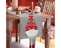 Kerst Tafelloper - 33x180 cm - Grijze Tafelloper met Kerstman Kabouters 3D Design - Katoen Linnen - Duurzaam en Rustiek - Perfect voor Kerstdecoratie en Feestelijke Tafels