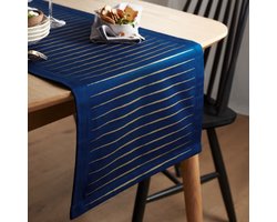 Kerst Tafelloper - 40 x 180 cm | Blauw met Gouden Strepen - 100% Katoen | Luxe Tafeldecoratie - Feest Tafelkleed - Kerst