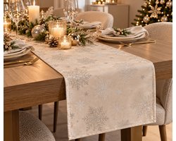 Kerst Tafelloper 40x150 cm – Beige & Zilver – Sneeuwvlokken Design – Waterafstotend – Subtiele Glans – Wasbaar op 40°C – Luxe Kerstdecoratie voor Eettafel – Winter Tafeldecoratie