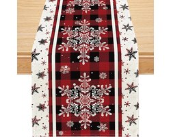 Kerst - Tafelloper Kerstmis Rood - Kerst Sneeuwvlok Tafelloper - Wasbaar - Linnen Kersttafeldecoratie - christmas decorations - Seizoensgebonden Winter Keukentafeldecoratie - Tafelloper voor Kerstfeestdecoratie - voor Eettafel - Salontafel - TV-meu