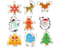 Kerst Uitsteekvormpjes set - 9 vormpjes met Kerstboom, Ster, Rendier, Sneeuwpop, Kerstman etc. - Metalen mal kerstkoekjes bakken