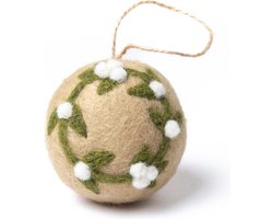 Kerstbal Vilt - Mistletoe Large Rond - Beige & Groen & Wit - 8cm - Fairtrade