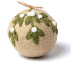 Kerstbal Vilt - Mistletoe Large Rond - Beige & Groen & Wit - 8cm - Fairtrade