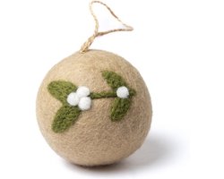 Kerstbal Vilt - Mistletoe Large Rond - Beige & Groen & Wit - 8cm - Fairtrade