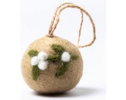 Kerstbal Vilt - Mistletoe Small Rond - Beige & Groen & Wit - 5cm - Fairtrade