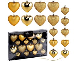 Kerstballen Set Onbreekbaar Hartjes Gouden 6,5/4,5 cm 16 stuks - Kerstdecoratie