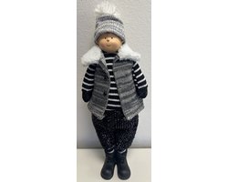 Kerstbeeld Kerst jongen met lange benen - Wit/grijs + grijs/zwart + grijze muts - hoogte 37.5x16.5x10 cm - polyresin - Woonaccessoires - Kerstdecoratie