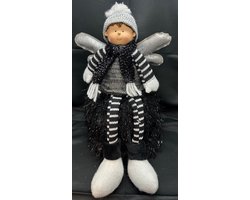 Kerstbeeld Kerst jongen met vleugels - Wit/grijs + grijs/zwart + grijze muts - hoogte 30x20x18 cm - polyresin - Woonaccessoires - Kerstdecoratie