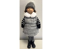 Kerstbeeld Kerst meisje met lange benen - Wit/grijs + grijs/zwart + grijze muts - hoogte 37.5x16.5x10 cm - polyresin - Woonaccessoires - Kerstdecoratie