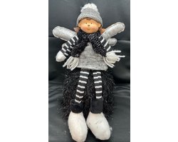 Kerstbeeld Kerst meisje met vleugels - Wit/grijs + grijs/zwart + grijze muts - hoogte 30x20x18 cm - polyresin - Woonaccessoires - Kerstdecoratie