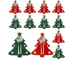 Kerstboom bestekhouders - Set van 12 stuks - Vilten bestekzakken - Kerstmis tafeldecoratie met vorken en lepels - Feestelijke eettafel decoratie.