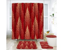 Kerstboom Douchegordijn - Goud en Rood Douchegordijnset - Bos Douchegordijn - Badkamerdecoratie 4-delige Badmat - 180x180cm