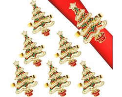 Kerstboom servetringen set van 6, goud groen rood, tafeldecoratie voor dinerfeest en bruiloft