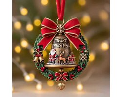 Kerstboomhanger met klok en kransontwerp, 2D bedrukte hanger met Kerstman, rendier en strik, decoratieve kerstversiering voor kerstboom en raam 8cm