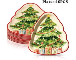 Kerstborden - 10 Stuks - Ontbijtborden - Kerstartikelen - Kerstfeest Serviesset - Kerstpapieren Borden - Kerstservies - Feestbenodigdheden - 21 X 22.8 Cm - Geschikt Voor Kerst- En Winterfeesten - Kerstboempatroon