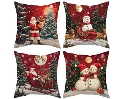 Kerstdecoratie: set van 4 kussenhoezen (45 x 45 cm) – Vierkante kerstkussenhoezen met rits in landelijke stijl – Linnen hoezen voor sierkussens, geschikt voor bank, bed of stoel tijdens de winterfeestdagen.