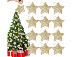 Kerstdecoratieset 12 stuks – Gouden fonkelende kerstboomhangers 5x5 cm, driedimensionale sterren, ideaal voor feestjes, open haard, ramen en tafeldecoratie