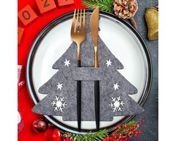 Kerstdiner Bestekhouder van Vilt, 12 Stuks Bestekzakken in Kerstboom Design voor Tafelversiering, Grijze Santa Bestekzakken voor Feestelijke Tafeldecoratie