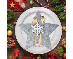 Kerstdiner Bestekhouder van Vilt, 12 Stuks Bestekzakken met Ster, Tafelversiering voor Feestdagen, Grijze Sneeuwvlokken Bestekzakken voor Messen, Vorken en Lepels