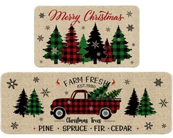 Kerstkeuken Tapijt En Mat Set, Kerstvloermat, Boom En Vrachtwagen Decoratieve Keukenvloermat, Badkamer Absorberende Voetmat, Veranda Deurmat Strip Vloermat
