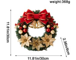 Kerstkrans 30 cm - fluweel rode strik, gouden klokken en gouden kerststerren, feestelijke kerstdeurkrans