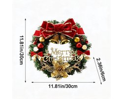 Kerstkrans 30 cm - fluweel rode strik, gouden klokken, gouden kerststerren en elandfiguren, feestelijke deurkrans