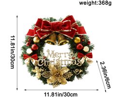 Kerstkrans 30 cm - fluweel rode strik, gouden klokken, Merry Christmas bordje en engel, kerst deurdecoratie