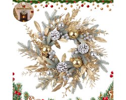 Kerstkrans - 50 cm gouden kerstkrans - Versierd met dennenappels, gouden ballen, takken en bessen - Geschikt voor voordeuren - Kan gebruikt worden als decoratie voor de open haard, het raam of als middelpunt van de eettafel