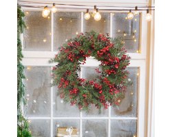Kerstkrans Deurkrans met rode bessen voor voordeur, open haard en wanddecoratie, binnen- en buitendecoratie, 35 cm