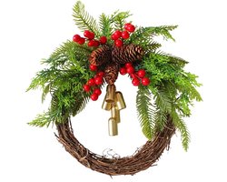 Kerstkrans met klokken - Deurkrans Winter - Huis Versieren - Handgemaakt Rotan - 33 cm - Goud