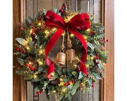 Kerstkrans met Verlichting voor Voordeur, Rood Fluwelen Lintstrik, Vintage Klok, Groene Dennentakken, LED-verlichting, Landelijke Farmhouse Stijl, voor Voordeur, Raam en Muur