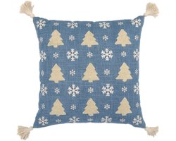 Kerstkussen - Kerst Kussenhoes 45x45 cm Boom Borduur met Kwastjes - Vierkant Kussenhoesjes - Kerstkussens Sneeuwlandschap Design - Katoen en Acryl - Blauw en Beige - Zonder Binnenkussen
