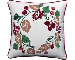Kerstkussen - Kerst Kussenhoes Geborduurd met Biezen en Kransontwerp - Vierkante Kussenhoesjes - Kerstkussens met Bladeren, Bessen en Eikels - 45x45 cm - Katoen - Veelkleurig - Zonder Binnenkussen