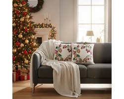 Kerstkussen Set van 2 Kerst Kussenhoezen Vierkant - Kerst Kussenhoes - Kussenhoesjes Geborduurd met Biezen - Kerstkussens met Kransontwerp - 45x45 cm - Katoen - Veelkleurig - Zonder Binnenkussen