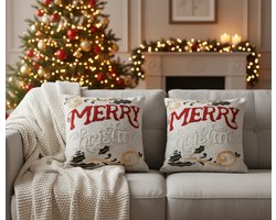 Kerstkussen Set van 2 Kerst Kussenhoezen Vierkant - Kerst Kussenhoes - Kussenhoesjes voor Kerst - Kerstkussens met Borduurwerk & Kralenwerk Merry Christmas met Hulst - 45x45 cm - Katoen/Linnen - Voor Binnen - Rood/Wit - Zonder Binnenkussen