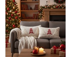 Kerstkussen Set van 2 Kussenhoezen Geborduurd met Bies en Bomenmotief - Rechthoekige Kussenhoesjes voor Kerst - Kerstkussens Scandinavisch Design - 30x50 cm - Katoen/Linnen Kussenhoes - Rood/Wit - Zonder Binnenkussen