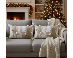 Kerstkussen Set van 2 Kussenhoezen Geborduurd met Bomen en Kwastjes - Rechthoekige Kussenhoesjes voor Kerst - Kerstkussens Set van 2 Rustiek Design - 30x50 cm - Katoen Kussenhoes - Veelkleurig - Zonder Binnenkussen