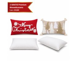 Kerstkussen Set van 2 Kussenhoezen incl. Gratis Kussenvulling - Kerst Kussenhoes - Kussenhoesjes Rechthoek - Kerstkussens met Merry Christmas Decoratie Borduurwerk - 30x50 cm - 100% Katoen - Voor Binnen - Beige & Rood