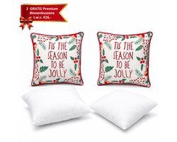 Kerstkussen Set van 2 Kussenhoezen incl. Gratis Kussenvulling - Kerst Kussenhoes - Kussenhoesjes Vierkant - Kerstkussens met Tis the Season to Be Jolly Borduursel - 45x45 cm - Katoen - Voor Binnen - Wit/Rood