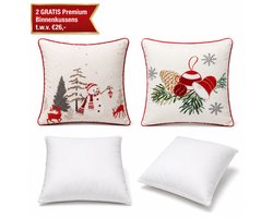 Kerstkussen Set van 2 Kussenhoezen incl. Gratis Kussenvulling - Kerst Kussenhoes - Vierkant Kussenhoesjes - Kerstkussens met Wintertafereel Borduurwerk - 45x45 cm - 100% Katoen - Voor Binnen - Wit & Rood