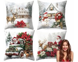 Kerstkussenhoes Set 4-Pack – Rood & Wit – Santa, Snowman & Winterhuis Designs – 45x45 cm – Luxe Feestelijke Sierkussenhoezen voor Woonkamer, Slaapkamer & Kerstdecoratie