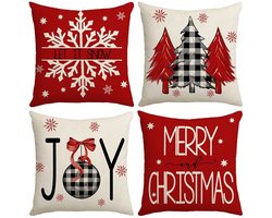 Kerstkussenhoezen - Merry Red Kussenhoezen - 45 x 45 cm - 4 stuks - Vrolijk Kerstfeest - Kerstboom - Wintervakantie Kussenhoezen - Geschikt voor banken, stoelen - Woondecoratie